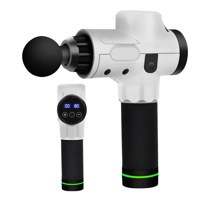 Electric muscle massage gun with seven different coloured attachment heads on a table.