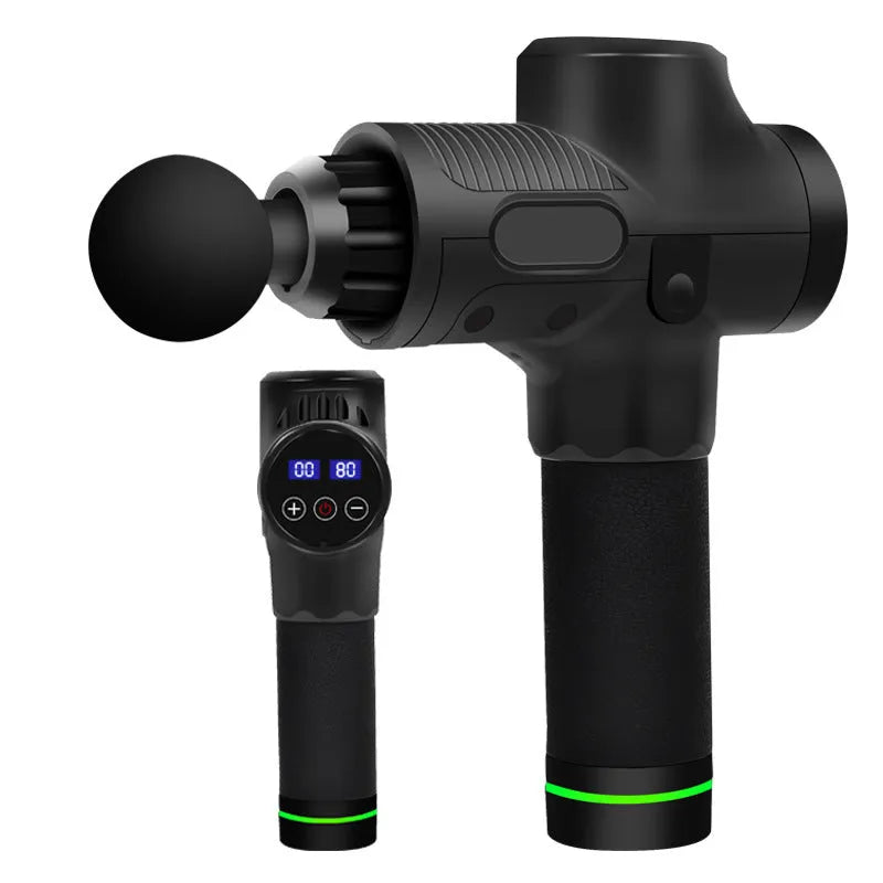 Electric muscle massage gun with seven different coloured attachment heads on a table.