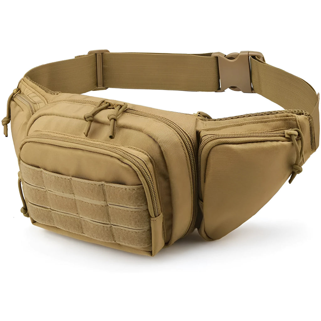 Men's tactical waist bag with zippered main compartment and adjustable webbing belt in black or khaki colour