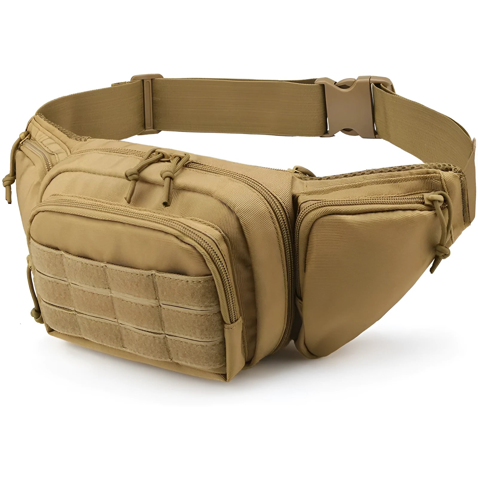 Men's tactical waist bag with zippered main compartment and adjustable webbing belt in black or khaki colour