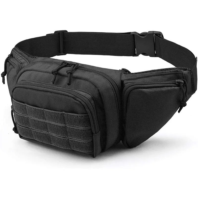Men's tactical waist bag with zippered main compartment and adjustable webbing belt in black or khaki colour