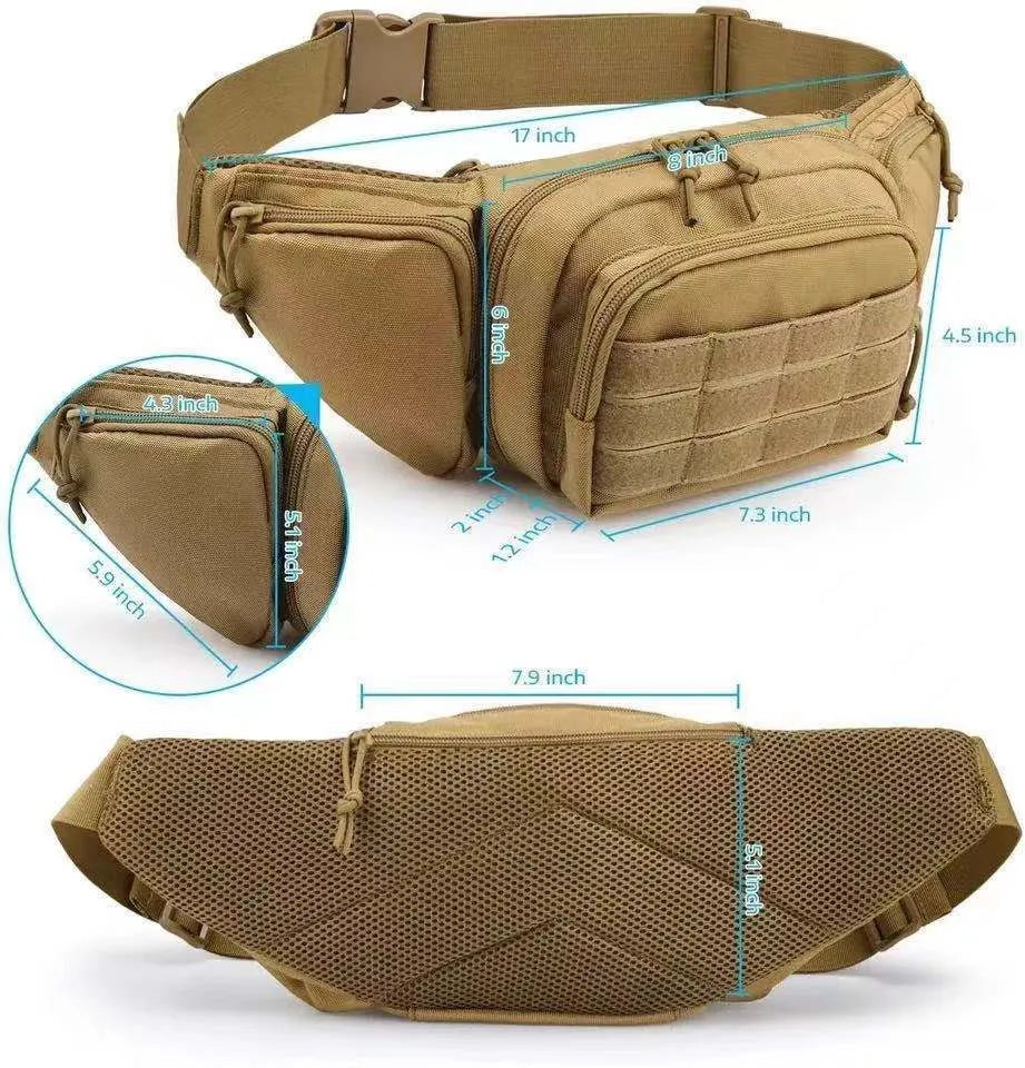 Men's tactical waist bag with zippered main compartment and adjustable webbing belt in black or khaki colour
