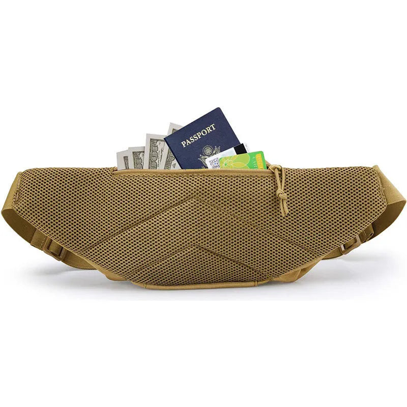 Men's tactical waist bag with zippered main compartment and adjustable webbing belt in black or khaki colour