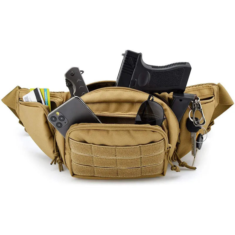Men's tactical waist bag with zippered main compartment and adjustable webbing belt in black or khaki colour