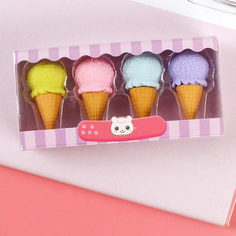 Set of 12 cartoon food-themed erasers for kindergarten children in ice cream, donut, and lollipop designs