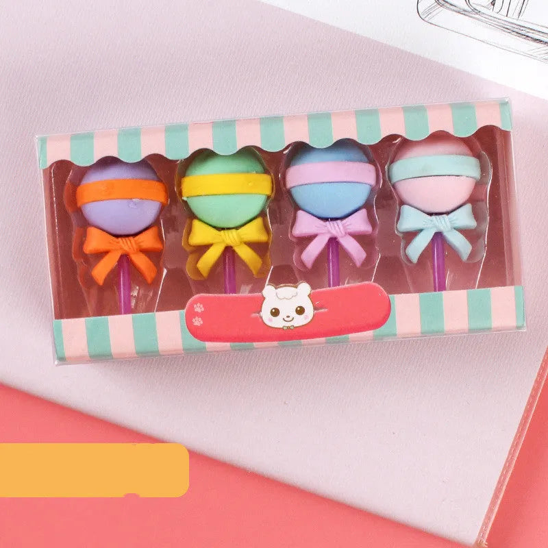 Set of 12 cartoon food-themed erasers for kindergarten children in ice cream, donut, and lollipop designs