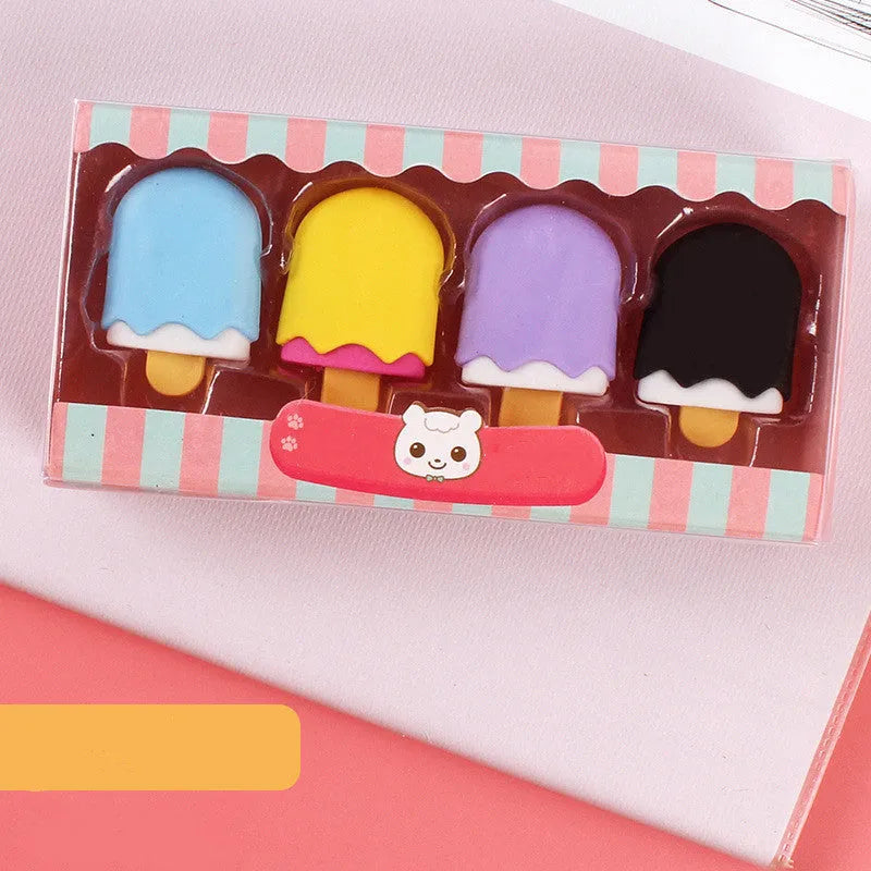 Set of 12 cartoon food-themed erasers for kindergarten children in ice cream, donut, and lollipop designs