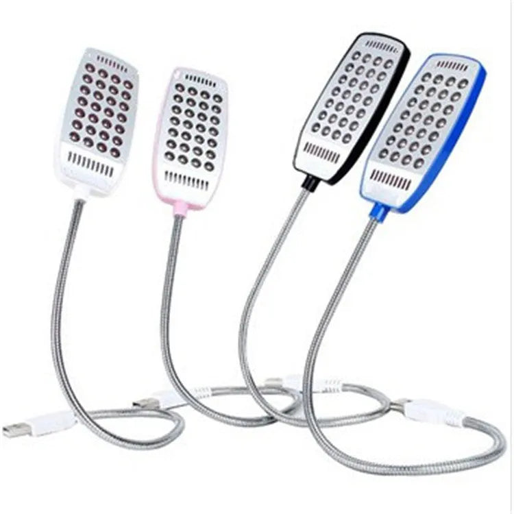 Flexible gooseneck USB desk lamp in black, white, blue, or pink colours