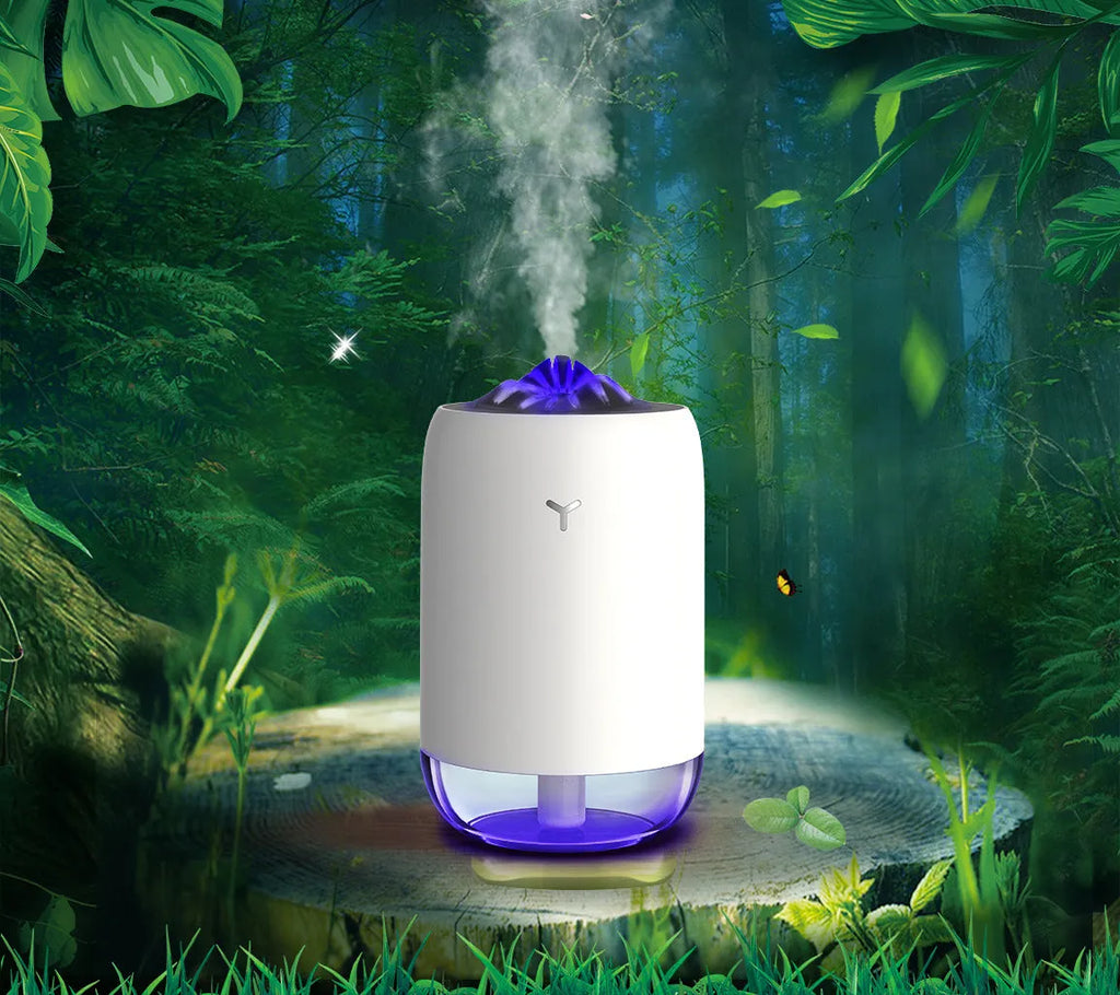 Magic Flame humidifier columnar aroma diffuser in white, blue, or pink with USB cable