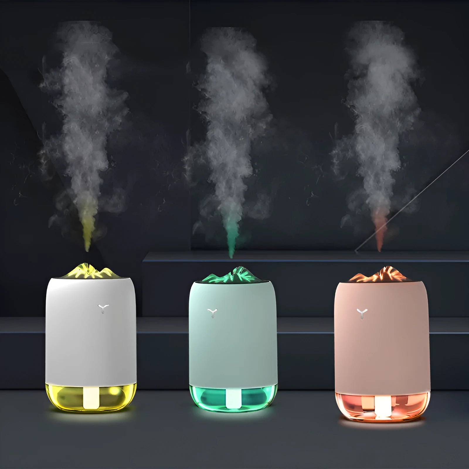 Magic Flame humidifier columnar aroma diffuser in white, blue, or pink with USB cable