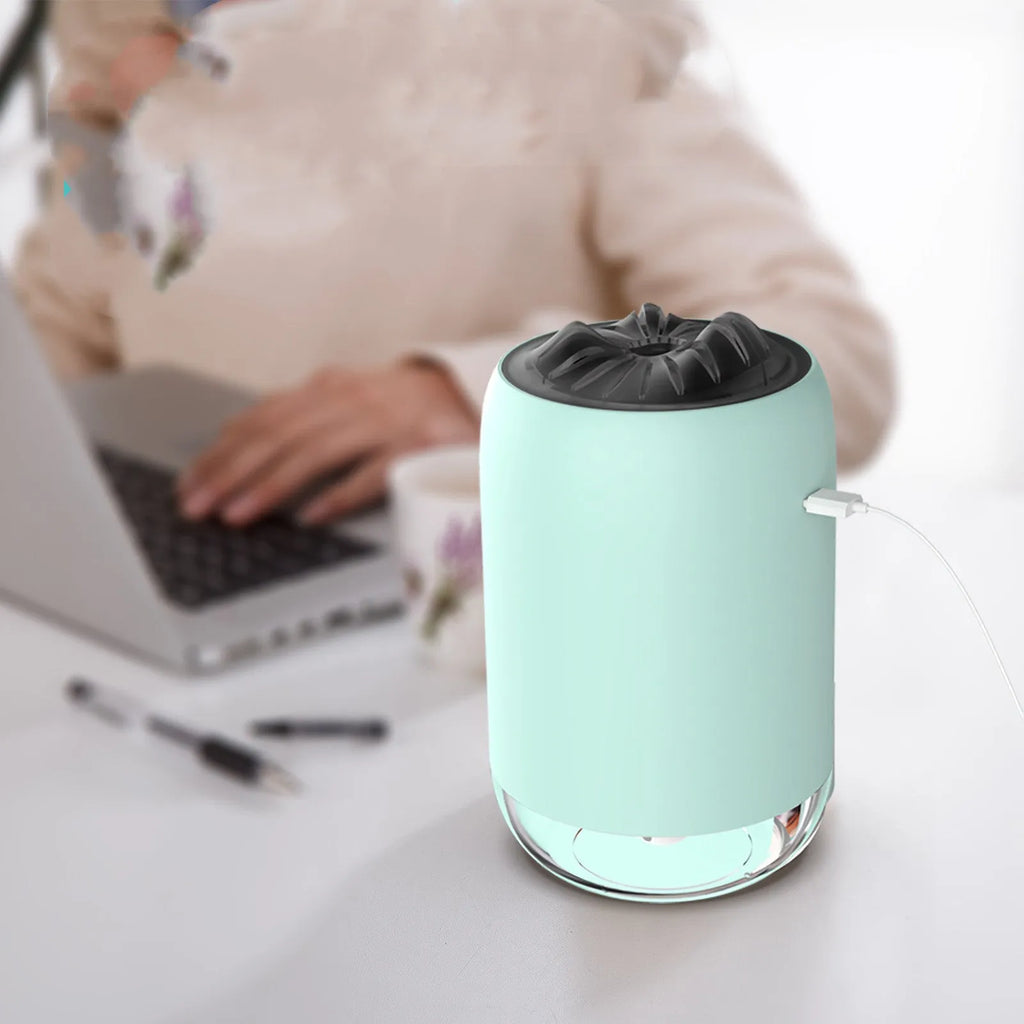 Magic Flame humidifier columnar aroma diffuser in white, blue, or pink with USB cable