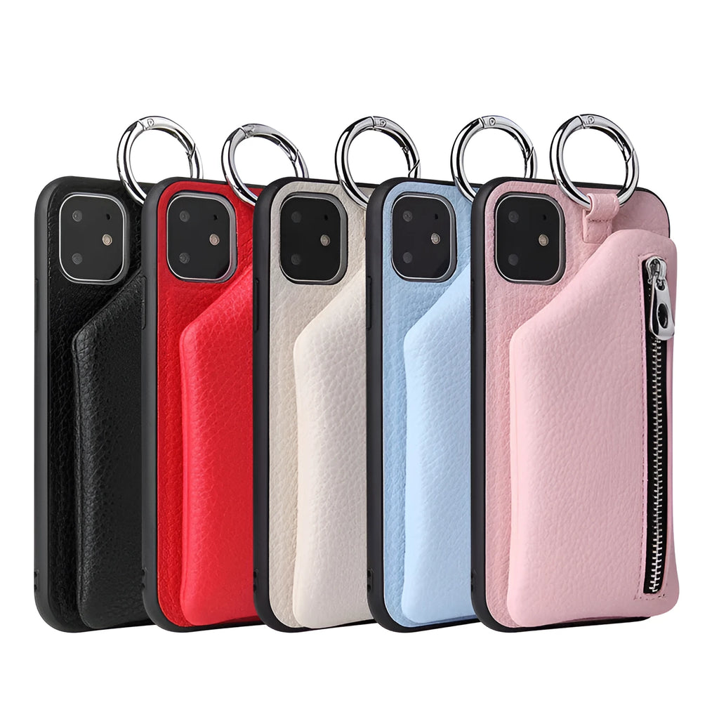 PU leather phone case with wallet, coin purse and crossbody lanyard in pink, white, black, red or blue