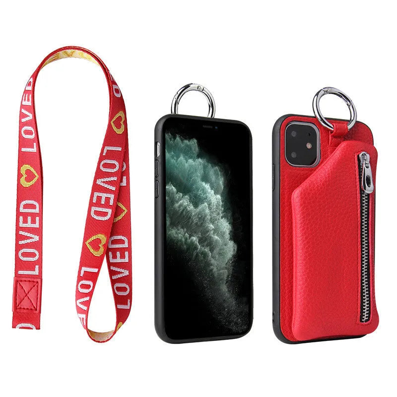 PU leather phone case with wallet, coin purse and crossbody lanyard in pink, white, black, red or blue