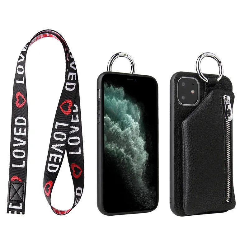 PU leather phone case with wallet, coin purse and crossbody lanyard in pink, white, black, red or blue