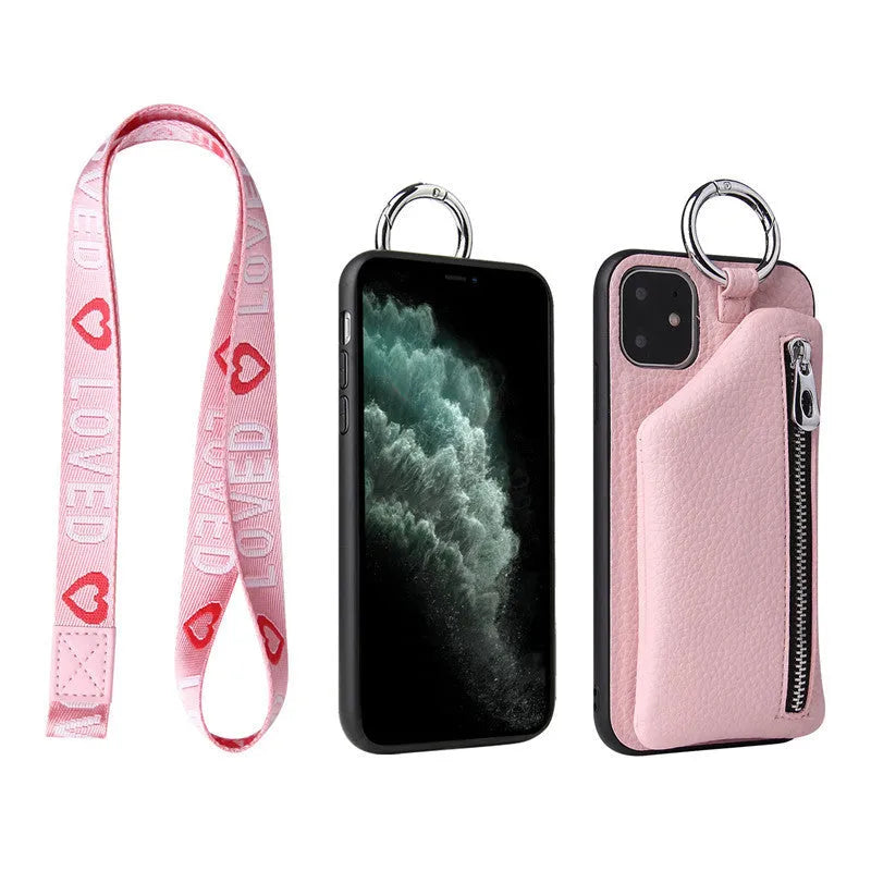 PU leather phone case with wallet, coin purse and crossbody lanyard in pink, white, black, red or blue