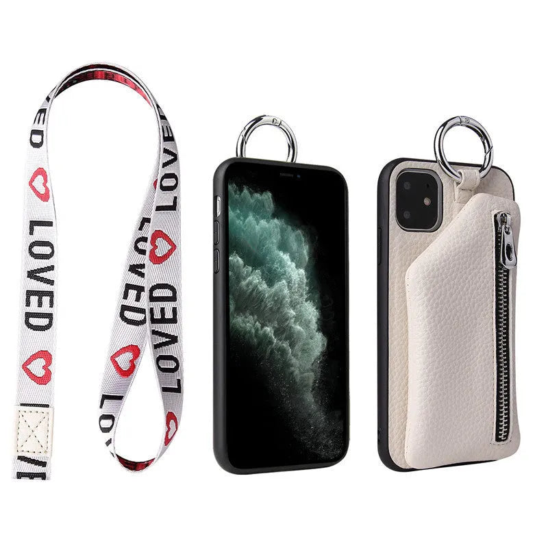 PU leather phone case with wallet, coin purse and crossbody lanyard in pink, white, black, red or blue