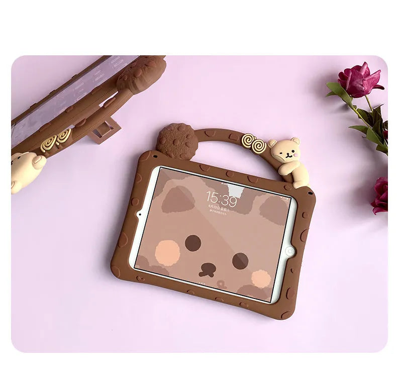 Brown silicone sleeve case for iPad tablet showing soft protective cover
