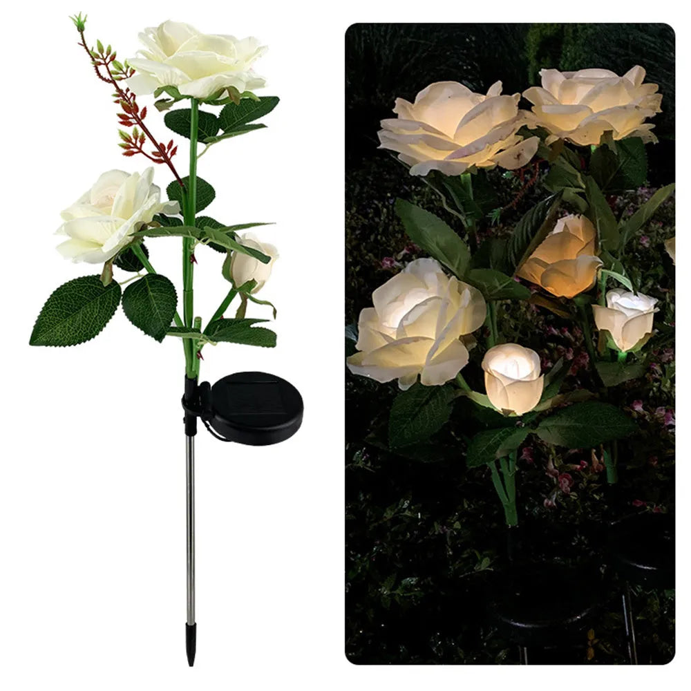 Outdoor solar garden lamp with three rose heads on 80cm stainless steel stem