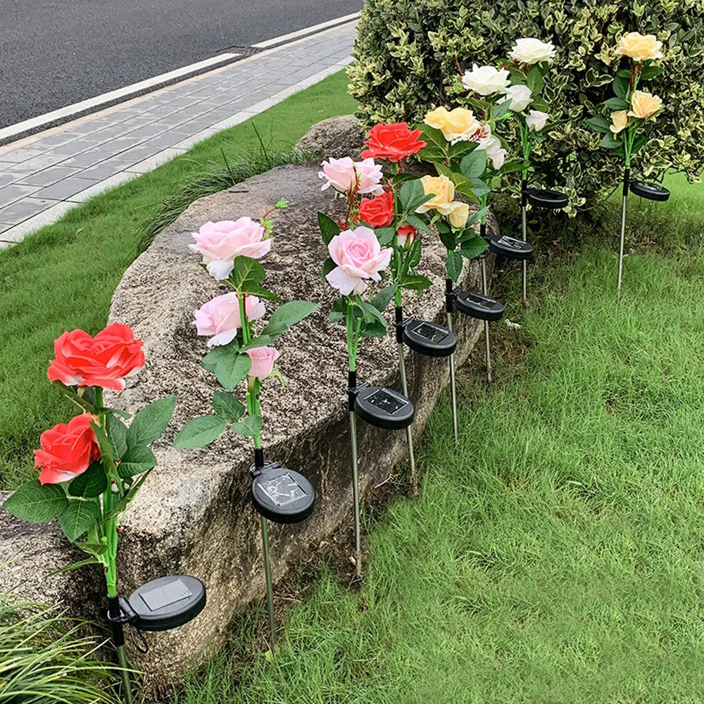 Outdoor solar garden lamp with three rose heads on 80cm stainless steel stem