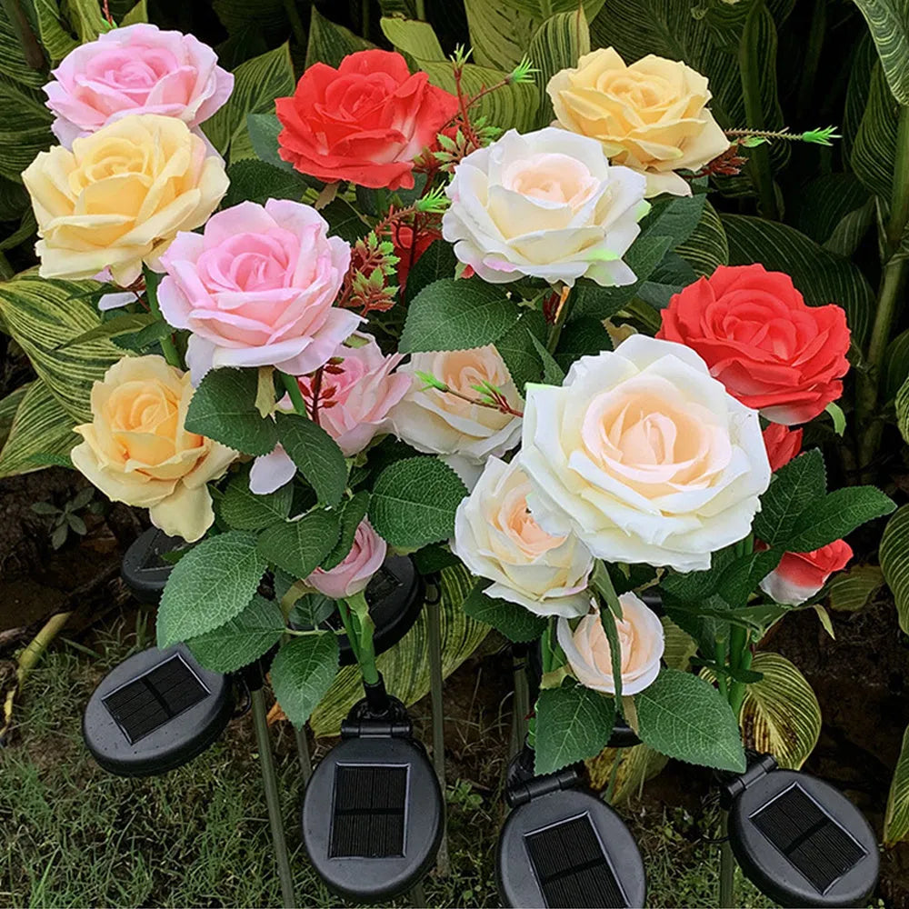 Outdoor solar garden lamp with three rose heads on 80cm stainless steel stem