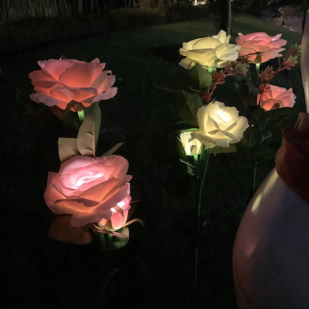 Outdoor solar garden lamp with three rose heads on 80cm stainless steel stem