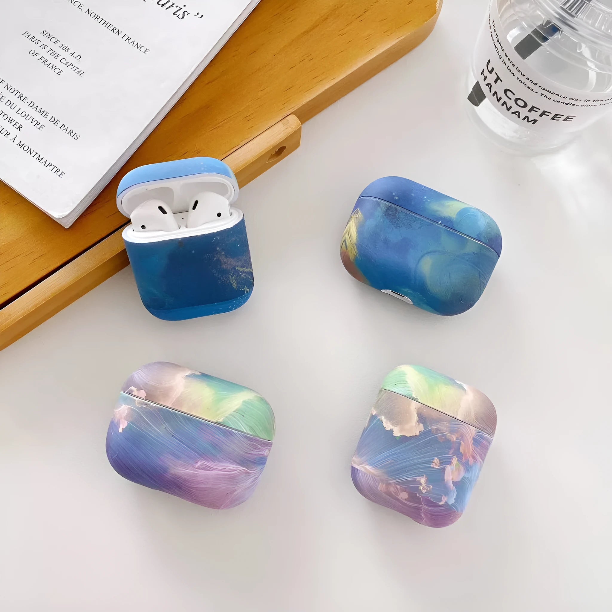 Pink and blue watercolour hard plastic protective sleeve for Apple AirPods 1, 2 and Pro earphone cases.