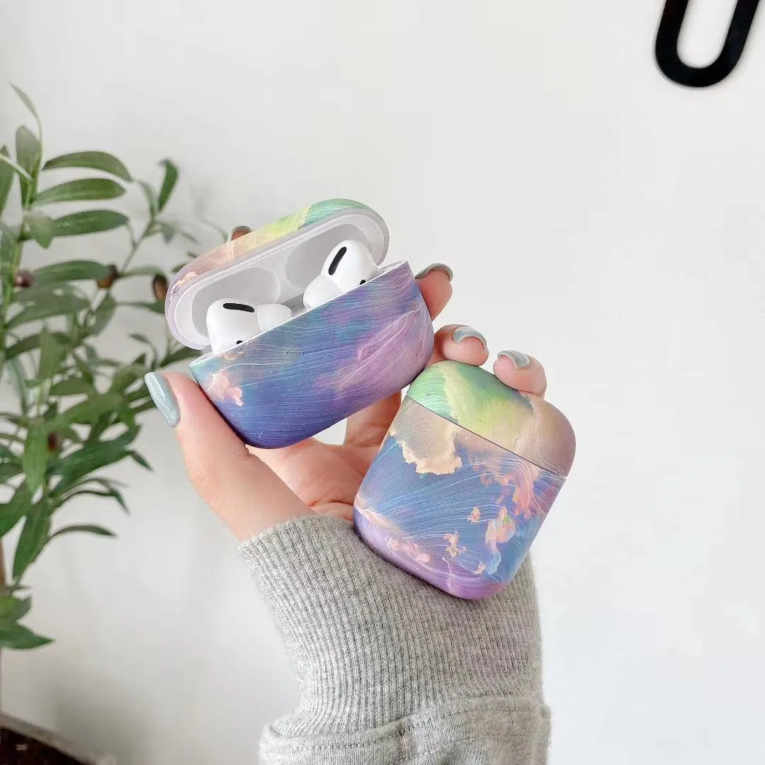 Pink and blue watercolour hard plastic protective sleeve for Apple AirPods 1, 2 and Pro earphone cases.