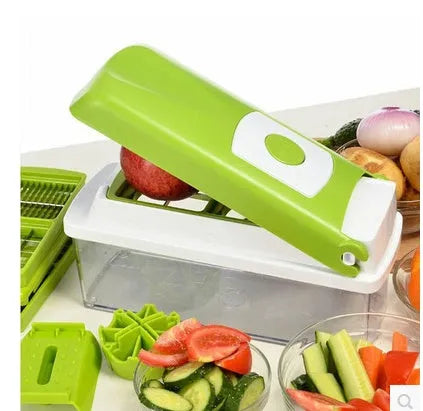 Green 12-piece manual vegetable chopper set with stainless steel blades and multiple attachments