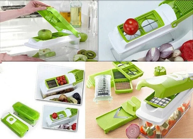 Green 12-piece manual vegetable chopper set with stainless steel blades and multiple attachments