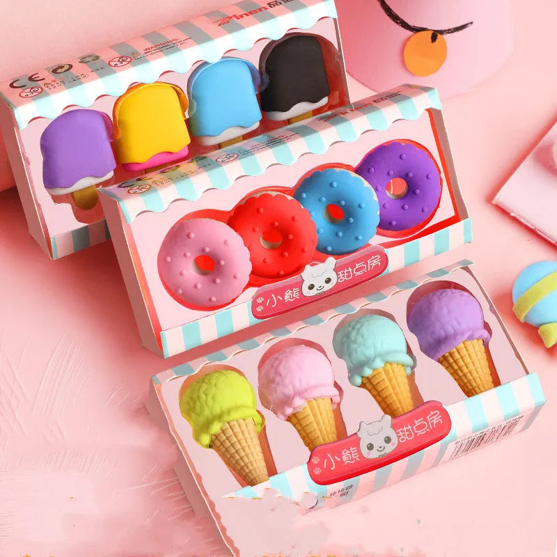 Set of 12 cartoon food-themed erasers for kindergarten children in ice cream, donut, and lollipop designs