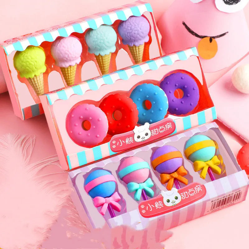 Set of 12 cartoon food-themed erasers for kindergarten children in ice cream, donut, and lollipop designs