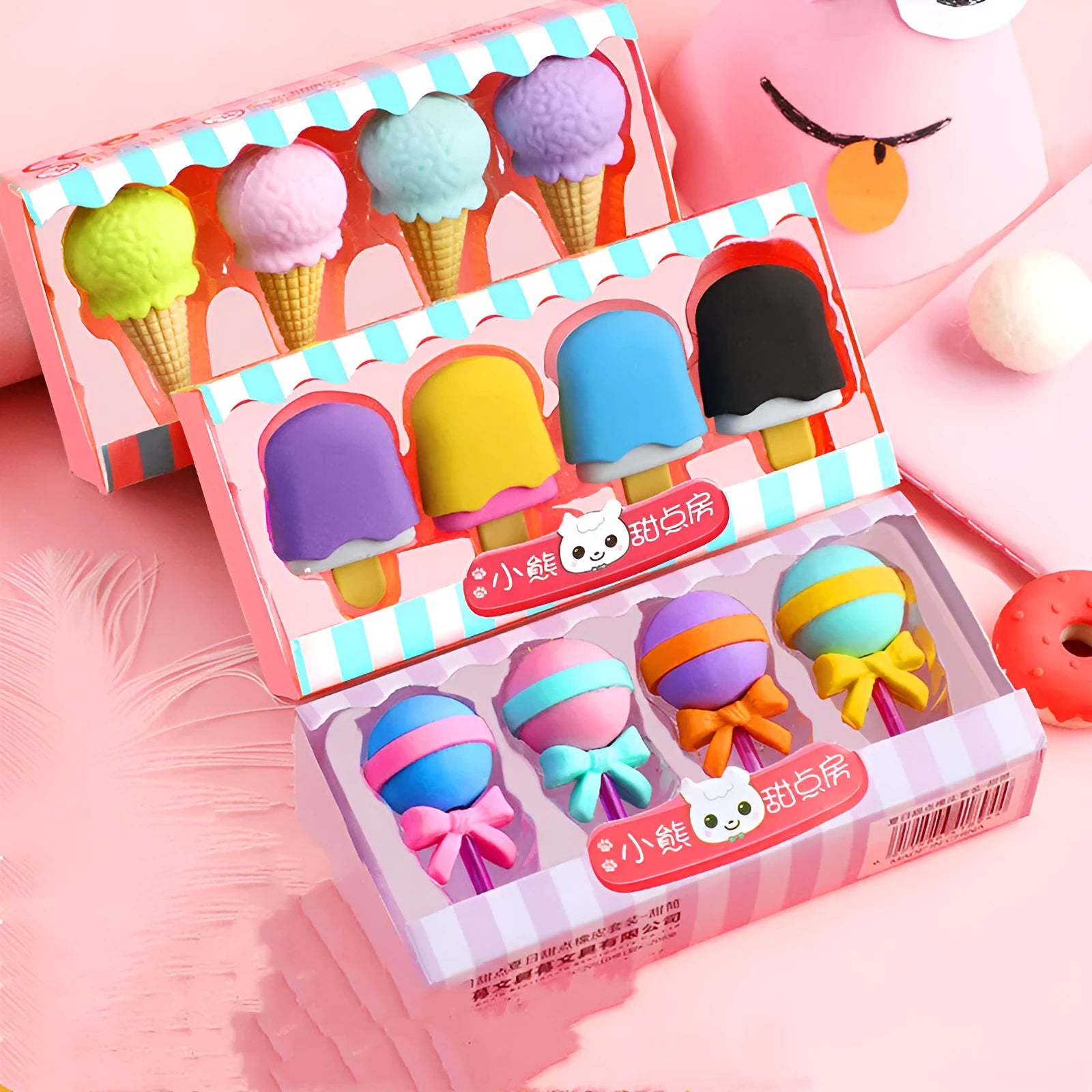 Set of 12 cartoon food-themed erasers for kindergarten children in ice cream, donut, and lollipop designs