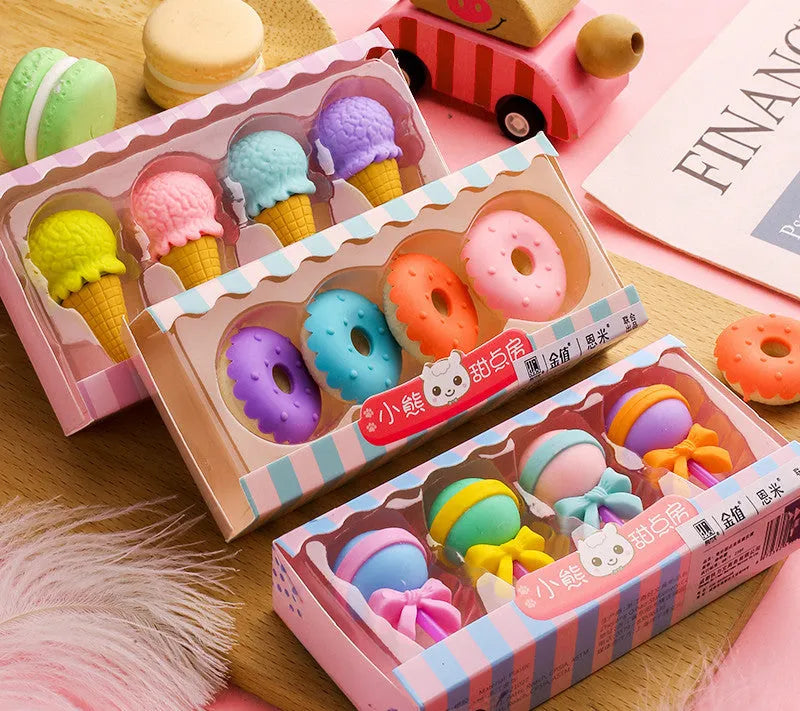 Set of 12 cartoon food-themed erasers for kindergarten children in ice cream, donut, and lollipop designs