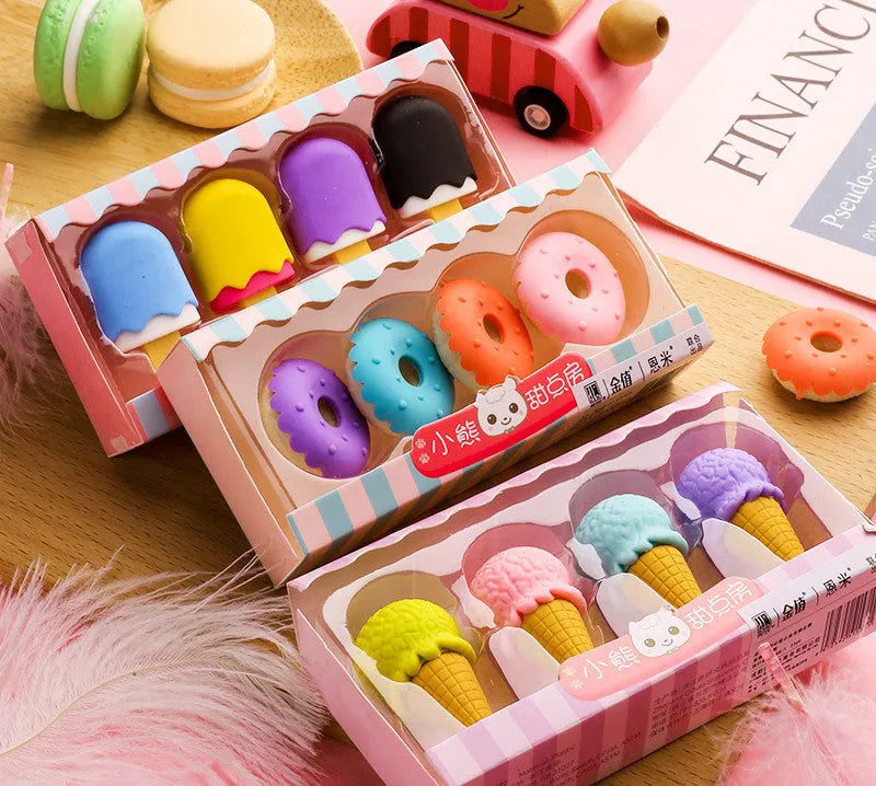Set of 12 cartoon food-themed erasers for kindergarten children in ice cream, donut, and lollipop designs
