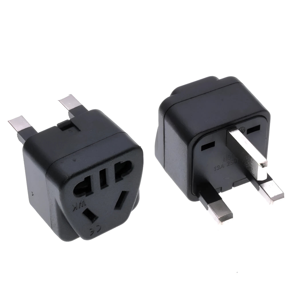 Square UK to European continental plug adapter with five output ports in black colour