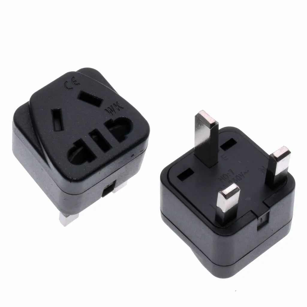 Square UK to European continental plug adapter with five output ports in black colour