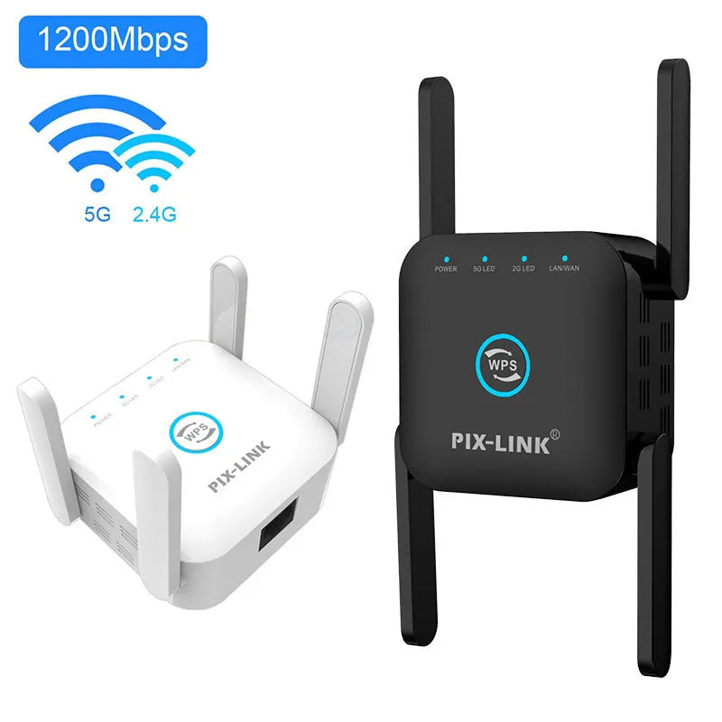 Pixlink AC24 white and black dual-band wireless router with international power plug variants