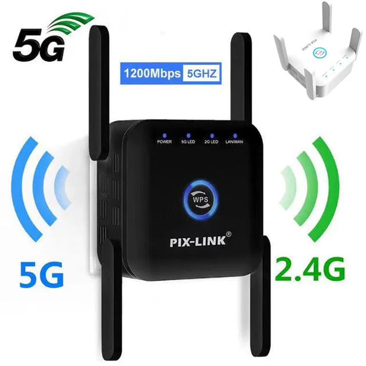Pixlink AC24 white and black dual-band wireless router with international power plug variants