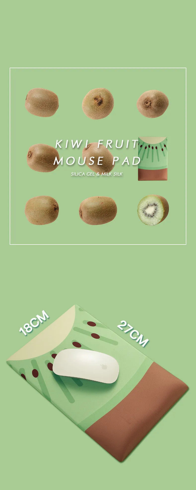 Soft wrist support mouse pad with cloth surface and silicone base, 27cm by 18cm by 2cm dimensions