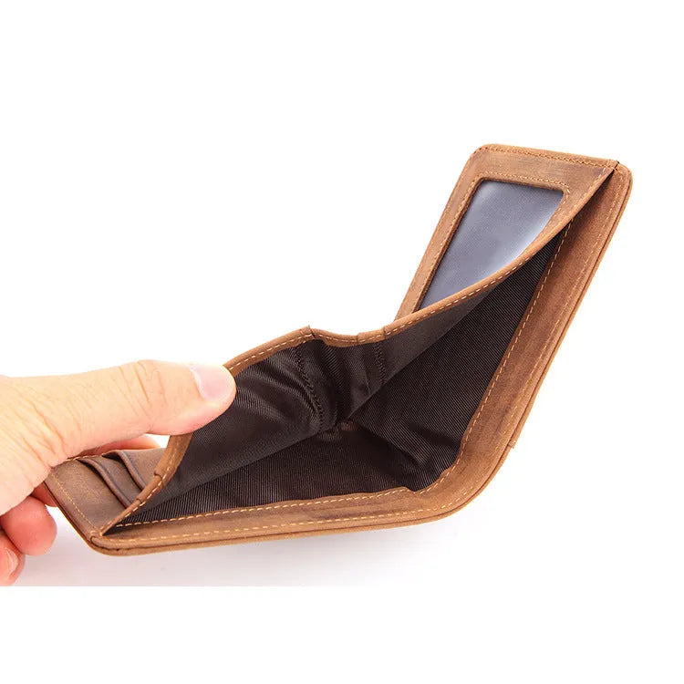 Brown cowhide leather men's RFID wallet showing card slots and compact 11cm size.