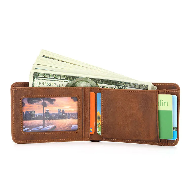 Brown cowhide leather men's RFID wallet showing card slots and compact 11cm size.