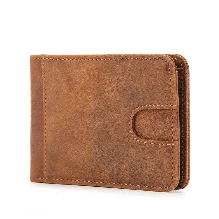 Brown cowhide leather men's RFID wallet showing card slots and compact 11cm size.