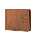 Brown cowhide leather men's RFID wallet showing card slots and compact 11cm size.