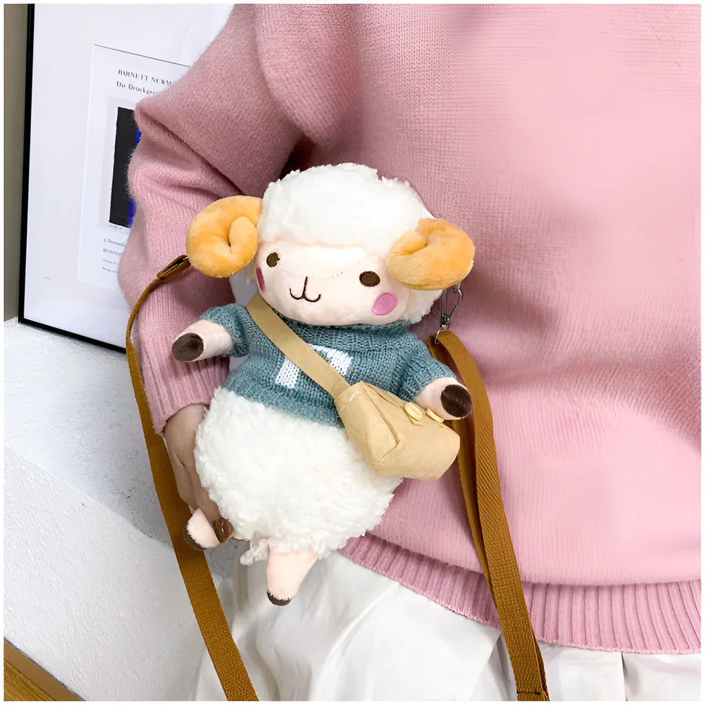 Little Sheep plush crossbody bag showing small square shape, lamb pattern, and colour contrast details