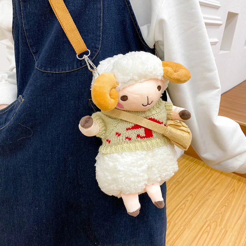Little Sheep plush crossbody bag showing small square shape, lamb pattern, and colour contrast details