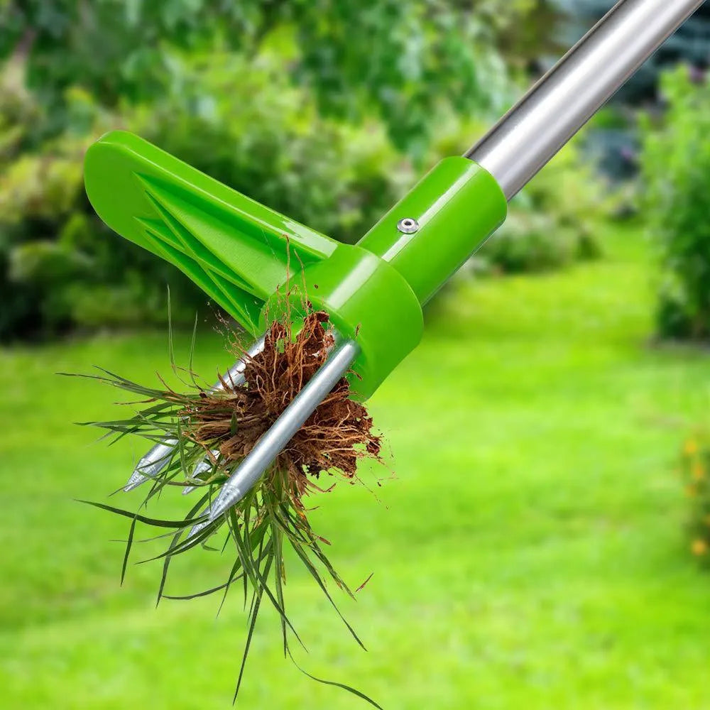 Aluminium handle manual weeding tool with plastic head for garden use.