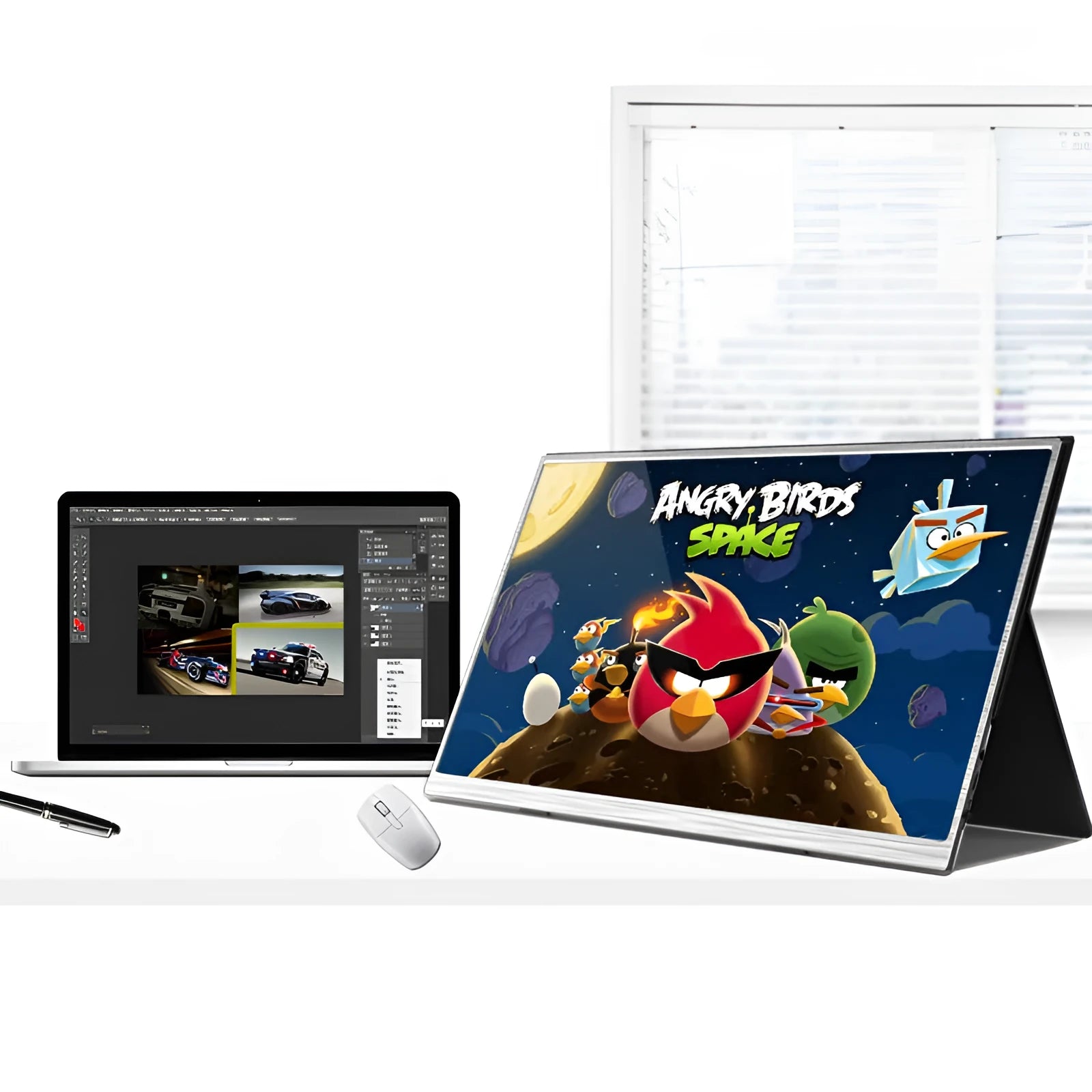 15-inch ultra-thin portable gaming monitor with split screen display showing game footage