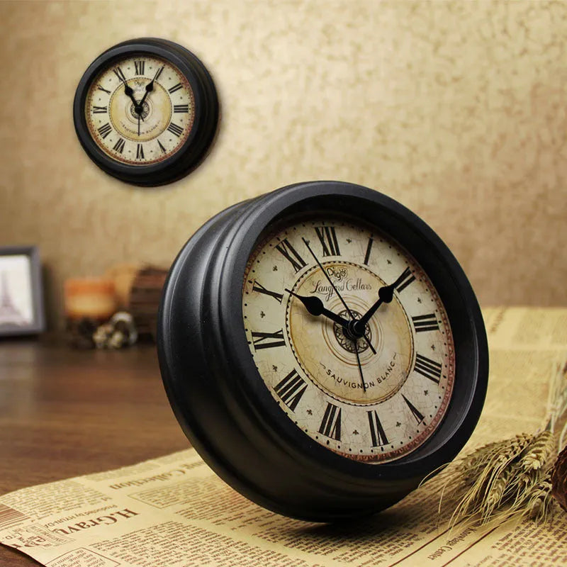 European style retro desk clock with 6-inch round face and silent sweep alarm movement