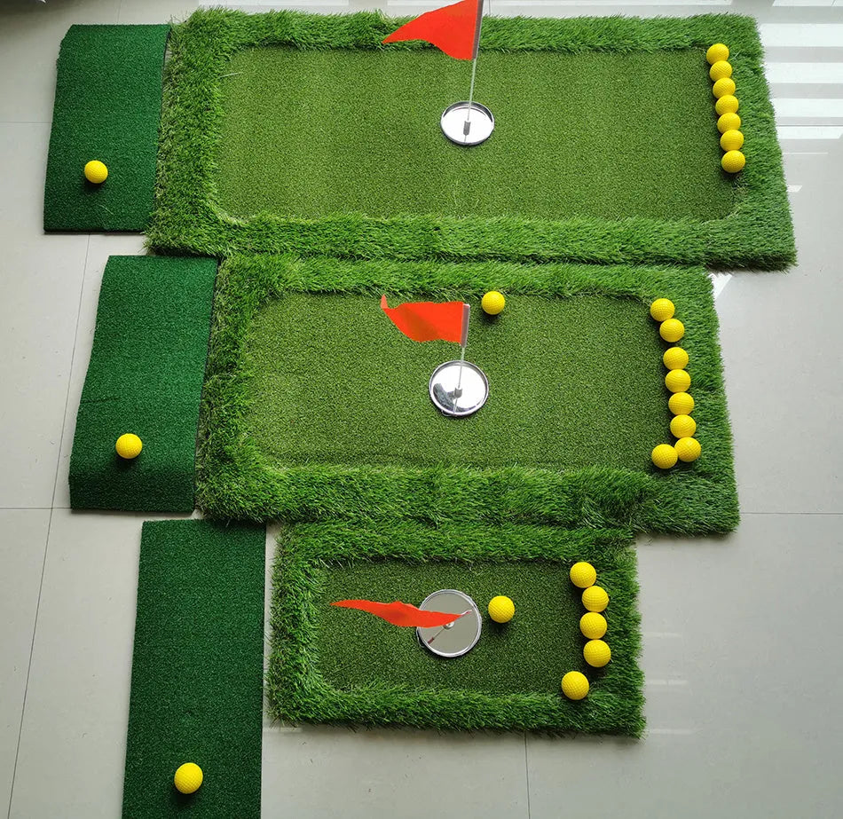 Green golf training mat with PP grass surface and EVA backing shown in multiple custom sizes for putting practice
