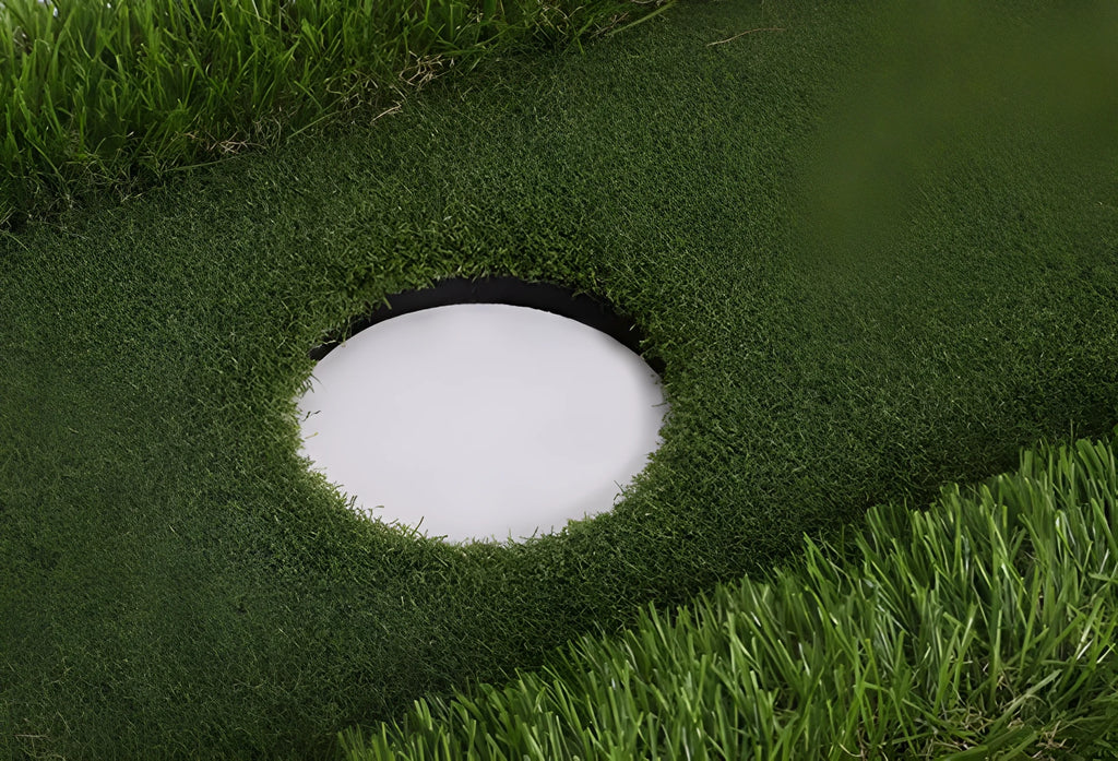 Green golf training mat with PP grass surface and EVA backing shown in multiple custom sizes for putting practice